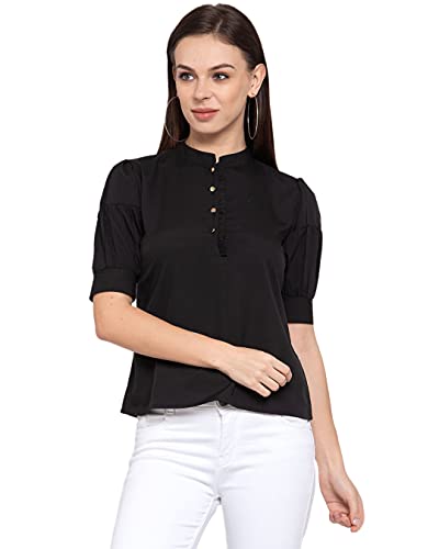 Image of Style Quotient Womens Black Solid Puff Sleeves Regular Top
