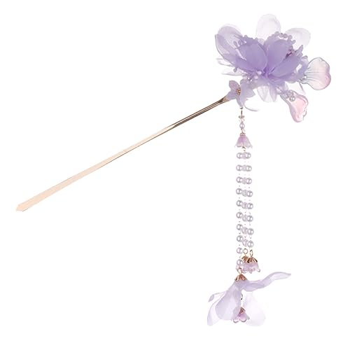 ULTECHNOVO 古典流蘇付きヘ ック 長髪用軽量花飾りピン 入り 紫色絹花簪 ヘアアレンジ用和風髪留め ヘアアクセサリー