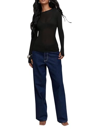 Remidoo Womens Sheer Mesh Top Crewneck Long Sleeve Tee Shirts with Thumb Hole4