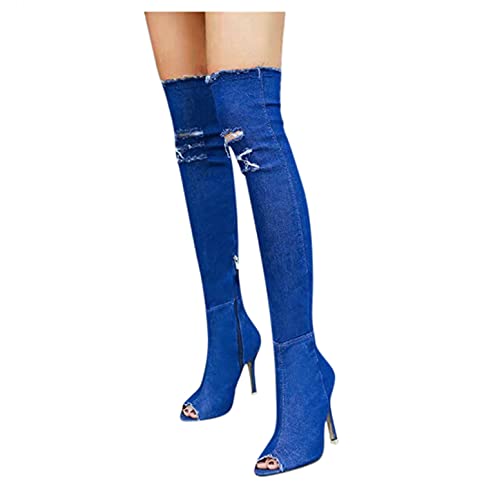 Olymmont Denim Blue Thigh High Boots for Women Platform Round Toe Pull On Hollow Out Stiletto Heel Over The Knee Boots Sexy Trendy Fashion High Tub Boots (Dark Blue, 7.5)