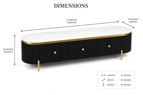Image of Mazzo White Marble TV Unit Console | 70 inchx15 inchx18 inch | Golden Legs & Charcoal Louvers | Storage Drawers | Modern TV Stand Console Unit White Marble Top with Gold Accents, Storage (Black)