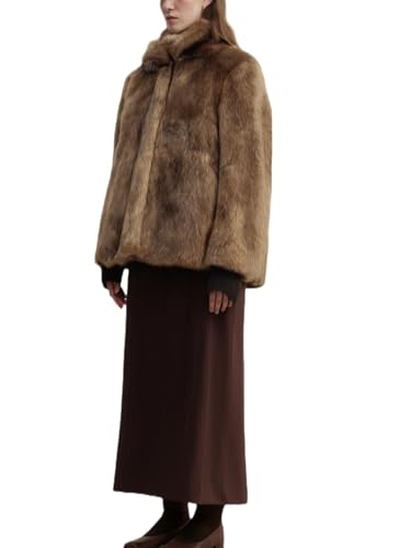 Abrigo de visón de lujo para mujer, elegante y moderno abrigo cálido de invierno, marrón, M