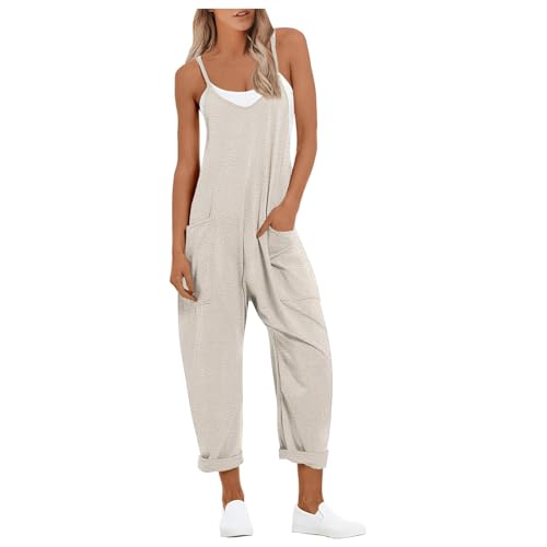 Salopette Donna Estiva Cotone Morbida, Jumpsuit Donna Sportiva Senza Manica Ampia Tutine Estiva Comoda Casual a Gamba Larga Pagliaccetto con Tasche per Spiaggia Vacanza