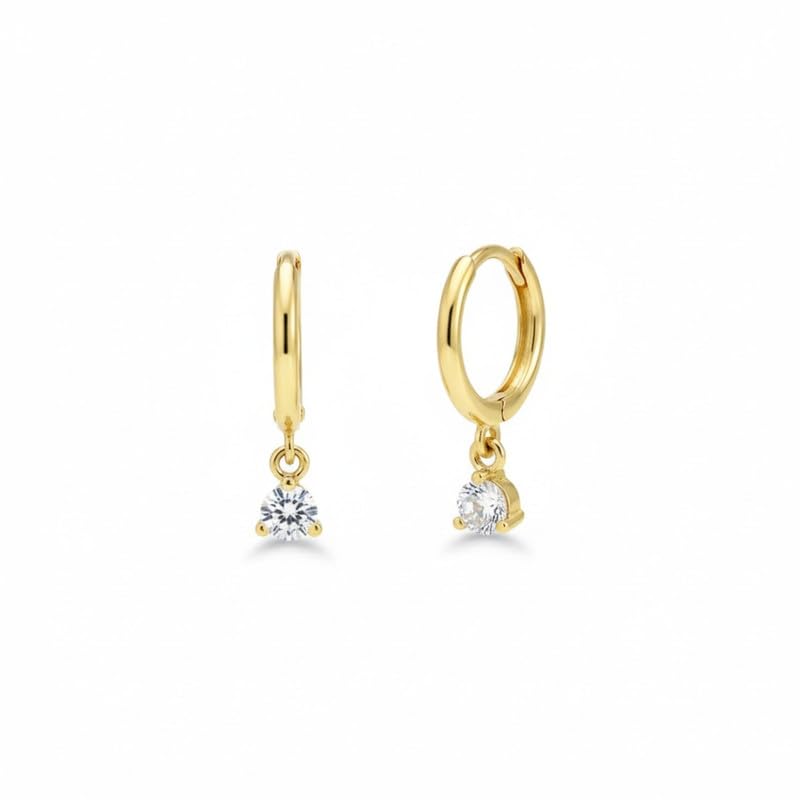 925 Sterling Silver Gold Plated Solitaire Drop Hoop Earrings for Women | 18K Gold Plated Huggie Design | Elegant Minimal Style | Office, Festive & Daily Styling
