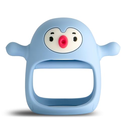 Image of Penguin Buddy Never Drop Silicone Baby Teething Toy for 0-6month Infants, Baby Chew Toys for Teething Pain Relief, Hand Teether for 3-6Months,Gum Massager for Babies (Light Blue)