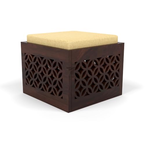 Image of ONIJA Solid Sheesham Wood Coffee Table with 4 Stools | Rosewood Centre Table with Cushioned Stool for Living Room (CNC,Walnut Finish)