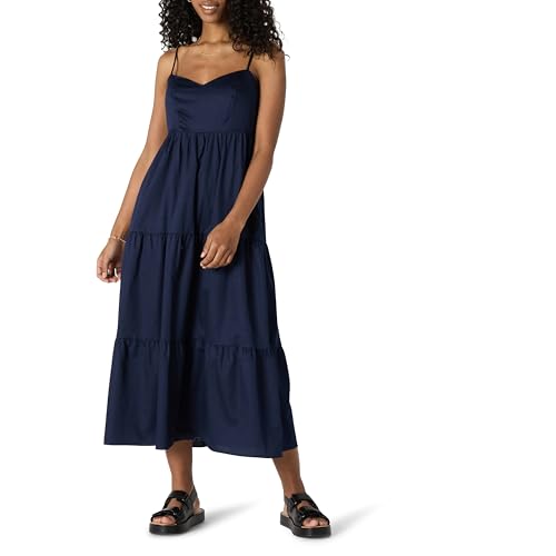 Amazon Essentials Women's Fit and Flare Empire Waisted Cotton Sateen Tiered Maxi Dress, Navy, Medium