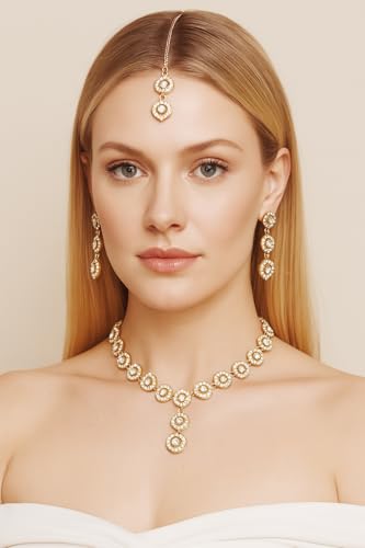 Sunsoul by Touchstone Indian Bollywood Handcrafted Traditional Rhinestone Designer Jewelry Necklace Mangtika Set in Gold Tone for Women.2