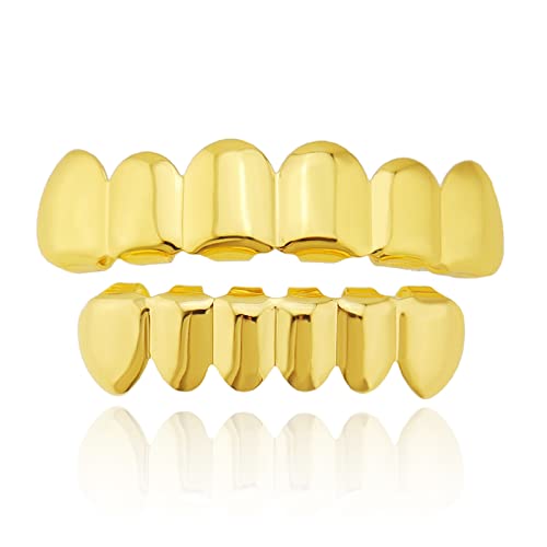 Gold überzogene Zähne Hip Hop Rapper, Glänzende Zähne, Oben Unten Hip Hop Zähne, für Männer Frauen Körperschmuck Halloween Cosplay Party Geschenk (Golden) Cover