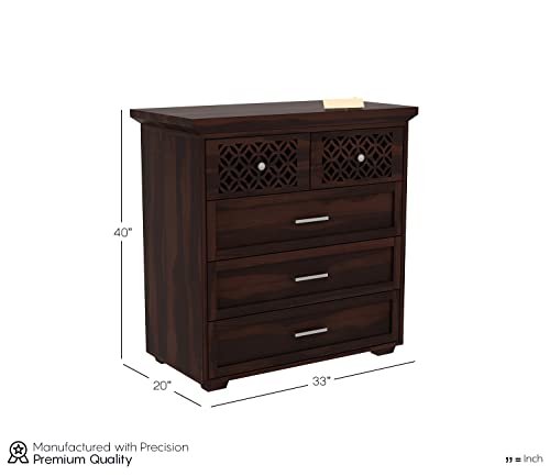 Image of Solid Sheesham Wood Chest of 5 Drawers - Multi-Purpose Storage Cabinet for Living Room, Bedroom, Hall, Kitchen, or Home Office - Walnut Finish, Handmade Indian Furniture