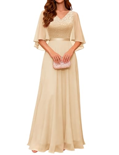 DRESSTELLS Abendkleid Damen Hochzeit Festlich Ballkleid mit V-Rücken Brautkleid Chiffon Cape Ärmel Spitzenkleid Elegant Lang Partykleid Champagne M