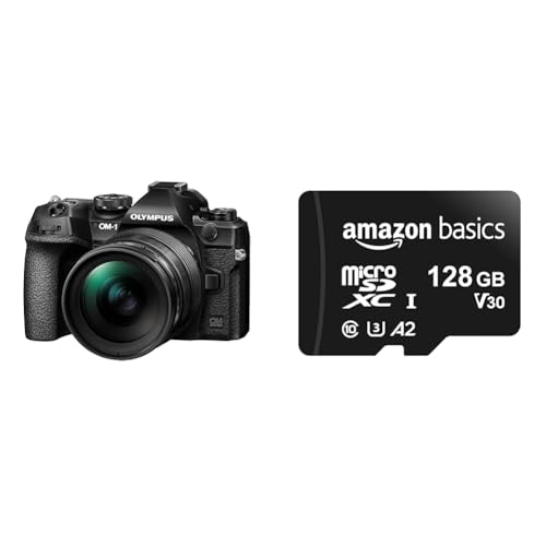 OM SYSTEM OM-1 Micro Four Thirds Systemkamera & Amazon Basics MicroSDXC-Speicherkarte, 128 GB, mit SD-Adapter, A2, U3, 100 MB/s max. Lesegeschwindigkeit, Schwarz