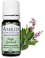 Amrita Aromatherapy Organic Sage, Spanish Essential Oil, 100% Pure Undiluted Salvia lavandulifolia, Therapeutic Grade, Premium Quality Aromatherapy Oil, Tested & Verified, 60ML