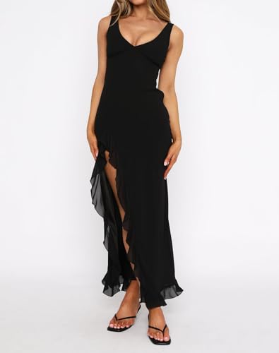 Image of houstil Women's Casual Summer Dress Strap Ruffle Beach Party Maxi Cocktail Evening Holiday Wedding Guest Dresses