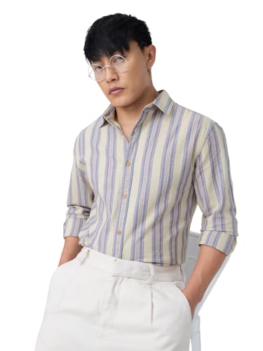 Image of The Souled Store: Echo Men and Boys Long Sleeve Spread Collar Beige and Blue Striped Regular Fit Casual Easy to Wear Summer Ready Lightweight Cotton Linen Shirt