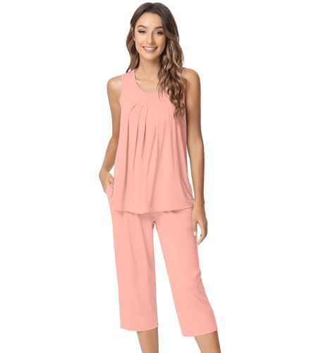 Image of NACHILA Pajamas for Women-Viscose Made from Bamboo, Sleeveless Pjs Tank Top Capri Pants Pajama Sets Cooling Sleepwear