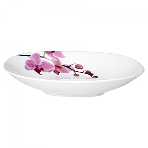 Birsppy Van Well Tafelservice Kyoto, 12tlg. für 6 Personen, 6 Speiseteller + 6 Tiefe Suppenteller, Porzellan-Geschirr, Blumen-Dekor Orchidee, rosa-rot, pink