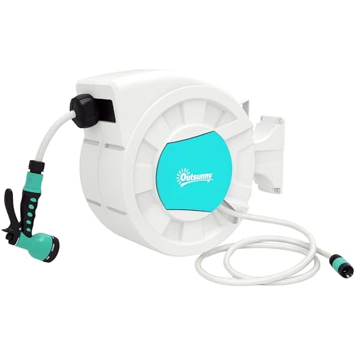 Outsunny Enrouleur tuyau arrosage, dévidoir de tuyaux d'eau, 25+2 m, avec support mural + poignée, pivotant à 180°, 7 options de jets d'arrosage, gris clair