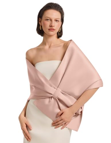 PULI Womens Satin Shawl Wraps for Evening Dresses Pull Through Luxury Wedding Shawl Scarf Elegant Silky Bridal Shoulder Wrap Pink