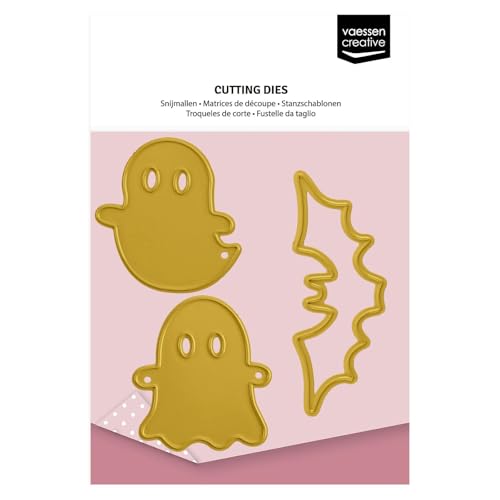 Vaessen Creative Troqueles de Corte y Embossing Set-Fantasma y Murciélago-3 Uds de 3,5 x 4 cm a 5,3 x 4 cm-para Tarjetas, Scrapbooking, Manualidades, Otoño, Halloween y DIY, Oro, 7,2 x 7 cm