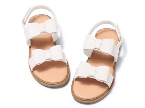 Coutgo Girls Bow Sandals Open Toe Ankle Strap Flat Sandals Flower Girl Party Dress Shoes, White, 9 Toddler