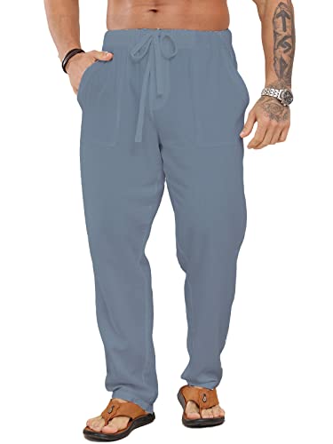 Halfword Pantaloni Uomo Lino Leggero Casual Pantalone Estate Straight Cotone Spiaggia Vacanza Beach Bianco Beige (Grigio B, 3XL)