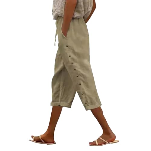 Cropped Linen Pants Women Striped Elastic Waisted Drawstring Capri Pants with Pockets Side Button Casual Pant