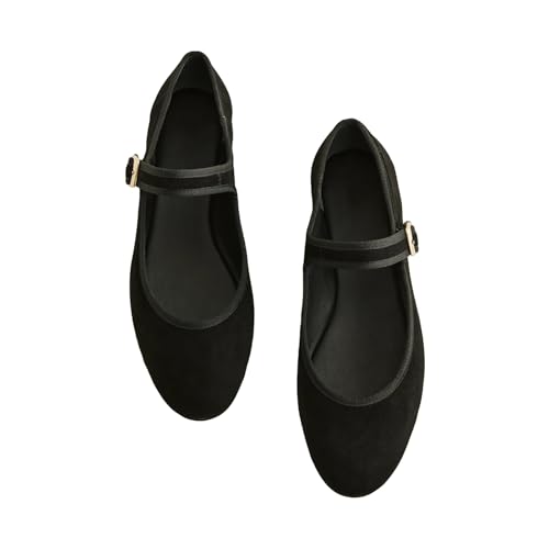 Black Suede Mesh Ballet Flats for Women Breathable Comfortable Round Toe Pull-On Stylish Dating Shoes Lightweight Everyday 7.53