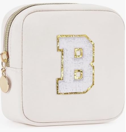 Small Makeup Bag Personalized Initial Letter Mini Makeup Bags Nylon Chenille Letter Patch Cosmetic Bag Cute Waterproof Pouch Travel Toiletry Bag Preppy Coin Purse Gift for Women (White,B)