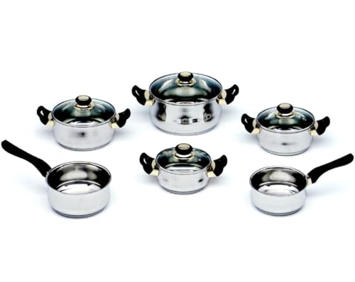 CRC Novel Cuisine Batería de Cocina (10 Piezas), Acero Inoxidable, 4 Cazuelas 16/18/20/24 cm con Tapas de Vidrio + 2 Cazos 16/18 cm