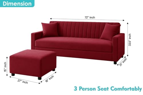 Image of Urban Decor 3 Seater Wooden Sofa Set with Matching Ottoman, Modern Channel Tufted Velvet Fabric Couch for Living Room-Red