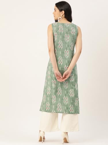 Image of feranoid Women's Pure Cotton Floral Print Straight Kurti | Elegant Curved V-Neck | Sleeveless Calf-Length Ethnic Wear | Comfortable Regular Fit | Sizes XS-XXL
