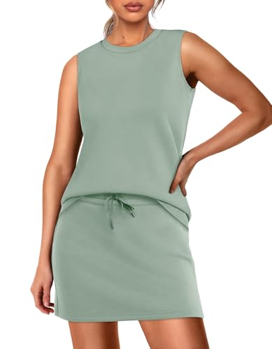 Image of WIHOLL Two Piece Skirt Sets for Women Summer Vacation Outfits Tennis Skirt Crew Neck Top Versatile Lounge Sets