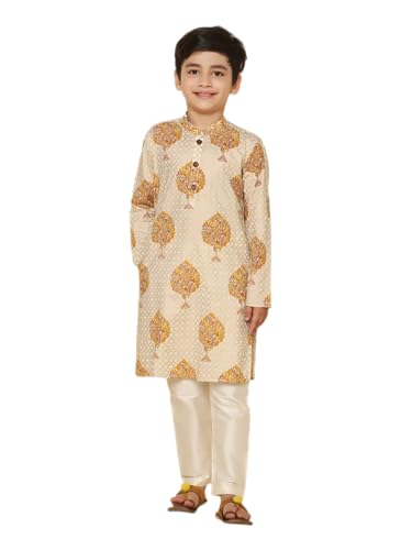 Image of KISAH Kid's Full Sleeves Cotton Blend Knee Length Printed White Kurta Pyjama Set (3-4Y)
