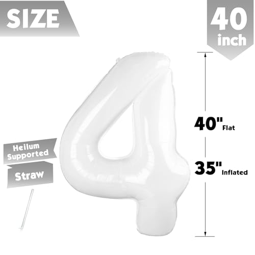Image of 40 Inch White Number 4 Balloon Birthday Party Decorations for Men & Women | 40 Inch White inflatable foil number balloons, large birthday decorations for 4th birthday
