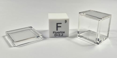 Image of 1 inch 25.4mm Fluorine Teflon 75% Pure Cube F Periodic Table Element Engraved Density Collection Science Education Display Block Cube + Acrylic Case Box - 1PC