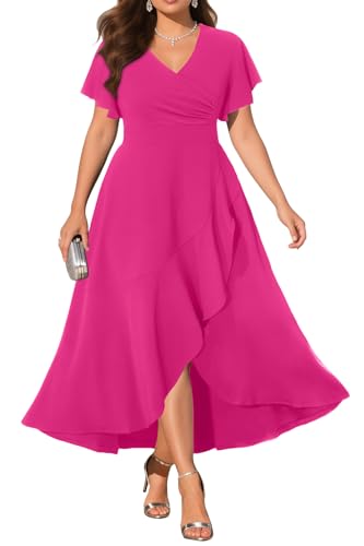 Pinup Fashion Hot Pink Dress Plus Size Women Wedding Guest Easter Cocktail Ruffle High Low Formal Party Long Dresses 18W