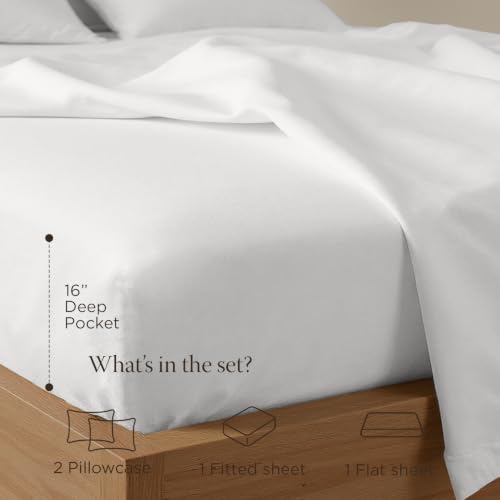 Image of Threadmill 300 Thread Count Cotton Queen Sheet Set, Sateen, Solid, White | 100% Cotton, Sateen Weave, 4-Piece Set, 16 inch Deep Pocket, Cooling, Breathable, OEKO-TEX Certified, Machine Washable