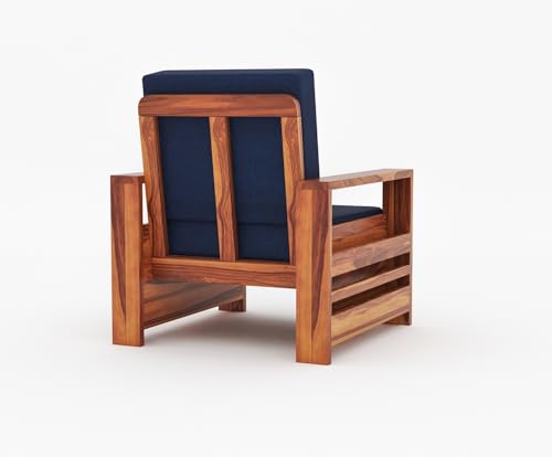 Image of Sheesham Wooden 1 Seater Sofa for Living Room | Rosewood 1 Seater Cushion Sofa with Side Rack | Solid Wood Sofa Set for Lounge (1 Seater,Honey Finish)