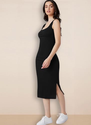 Image of rosery paris Square Neck Sleeveless Black Bodycon Dress for Women and Casual wear