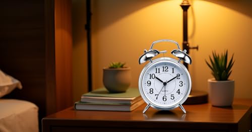 AERYS Retro Twin Bell Table Clock, Metal Frame Alarm Clock with Night Backlight, Silent Movement, High Volume for Heavy Sleeper Alarm for Home, Office, Bedroom, Living Room (Silver Clock)