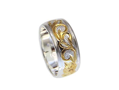 Arthur's Jewelry 925 sterling silver Hawaiian queen scroll 2 tone yellow gold plated 8mm smooth edge band ring size 3-143