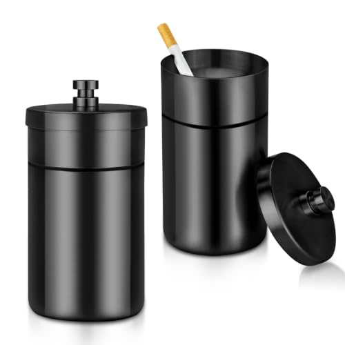 Image of Car Ashtray with Lid Smell Proof Stainless Steel Portable Ash Tray for Car Cup Holder Detachable Windproof Extinguished Cigarette Bucket for Outdoor Home Office (Black 2Pack)
