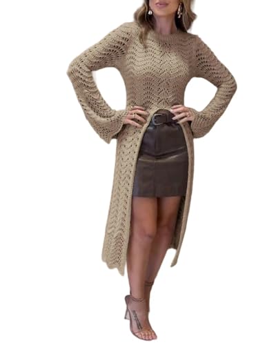 CHICME Women's Hollow Out Long Sleeve Knit Sweater Cover up 2025 Casual Scallop Trim Split Front Bell Sleeve Top3