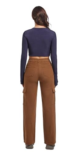 Aodrusa Brown Pants for Women High Waisted Stretch Straight Leg Cargo Pants with Pockets Trendy Trousers4