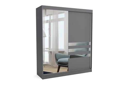 Brent - Kleiderschrank mit Spiegel Henry, 160cm Breit, Schlafzimmerschrank mit 1 Kleiderstange und Einlegeböden für Kleidung, Kleiderschrank Grau