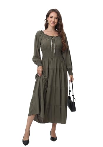 Image of OSTOO Women's 2026 Casual Long Sleeve Square Neck Smocked High Waist Flowy Maxi Dress,Boho Tiered Beach Party Dress