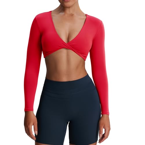 Image of Aoxjox Sienna Twist Deep V Training Women's Long Sleeve Crop Top