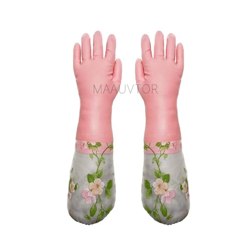 Image of Reusable Heavy Duty Hand gloves for Dishwashing, gardening, kitchen cleaning Non-Slippery & Durable Long Elbow Length(Inner cotton lining for comfort), 1 Pair (Vel Light Pink)