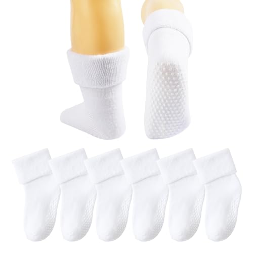 6 Pairs Toddler Non Slip Socks with Grippers Winter Thick Warm Cozy Crew Socks for Baby Kids